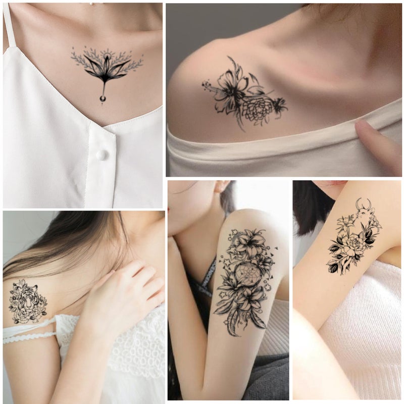 Black and White Sketch Flower Tattoo Rose suit Hand-painted Small Fresh Pattern Sketch Flower Water Transfer Scar Covering Tattoo - Image 4