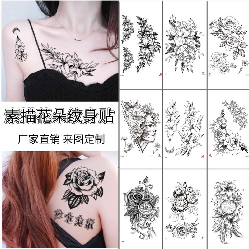 Black and White Sketch Flower Tattoo Rose suit Hand-painted Small Fresh Pattern Sketch Flower Water Transfer Scar Covering Tattoo - Image 2
