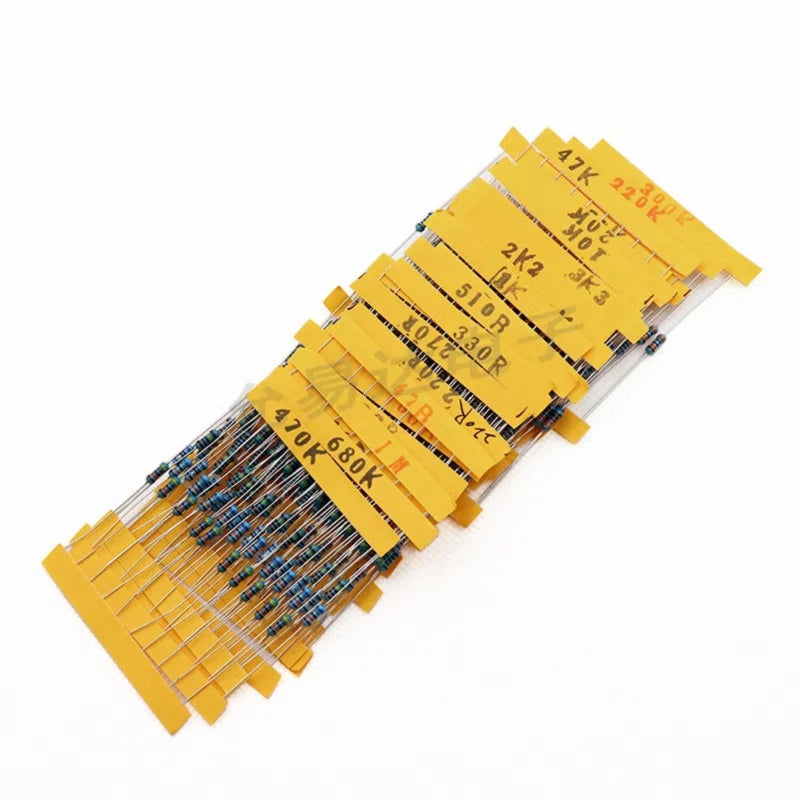 مجموعة 300 قطعة من المقاومات المعدنية الثابتة ذات الأغشية المعدنية بقدرة 0.25 واط (1/4 واط) بقيم مختلفة (30 قيمة)، تتراوح بين 1 أوم و4.7 ميجا أوم، بدقة ±1%، وسعة 0.01 ميكروفاراد. مقاومة ذات فتحات تثبيت لتحديد التيار. - Image 3