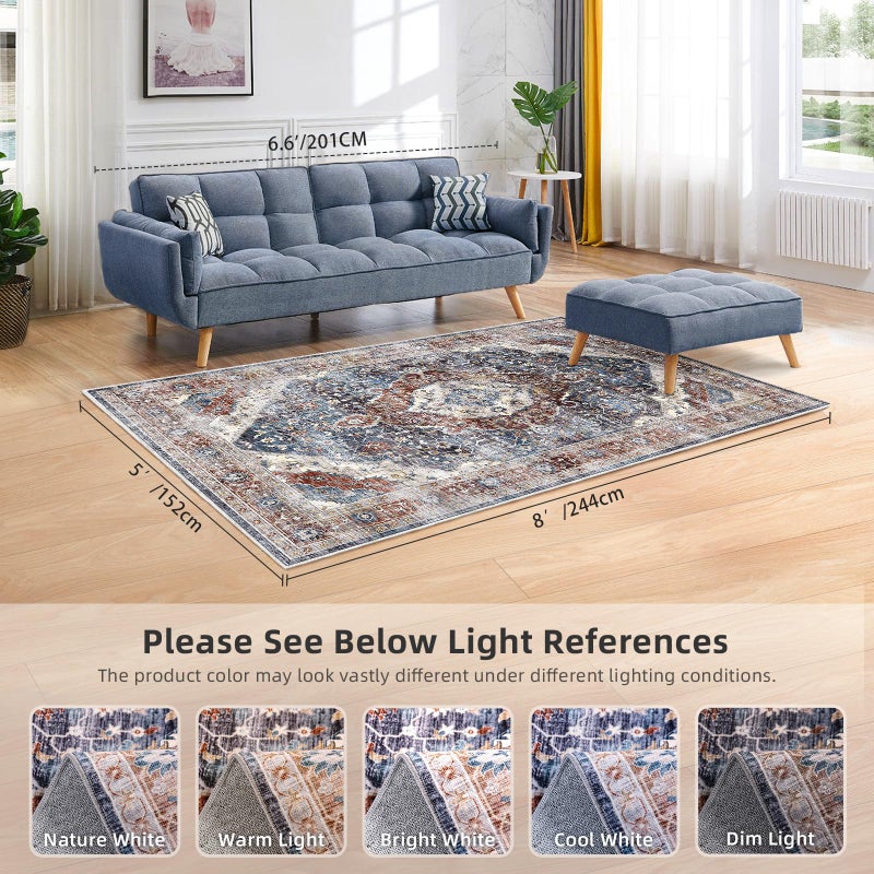Deerly Boho Area Rug Large Rugs for Bedroom Machine Washable Rugs for Living Room Moroccan Non-Slip Oriental Area Rugs Carpet Floor Rug(Border Brown/Navy Blue 5x8ft) - Image 4