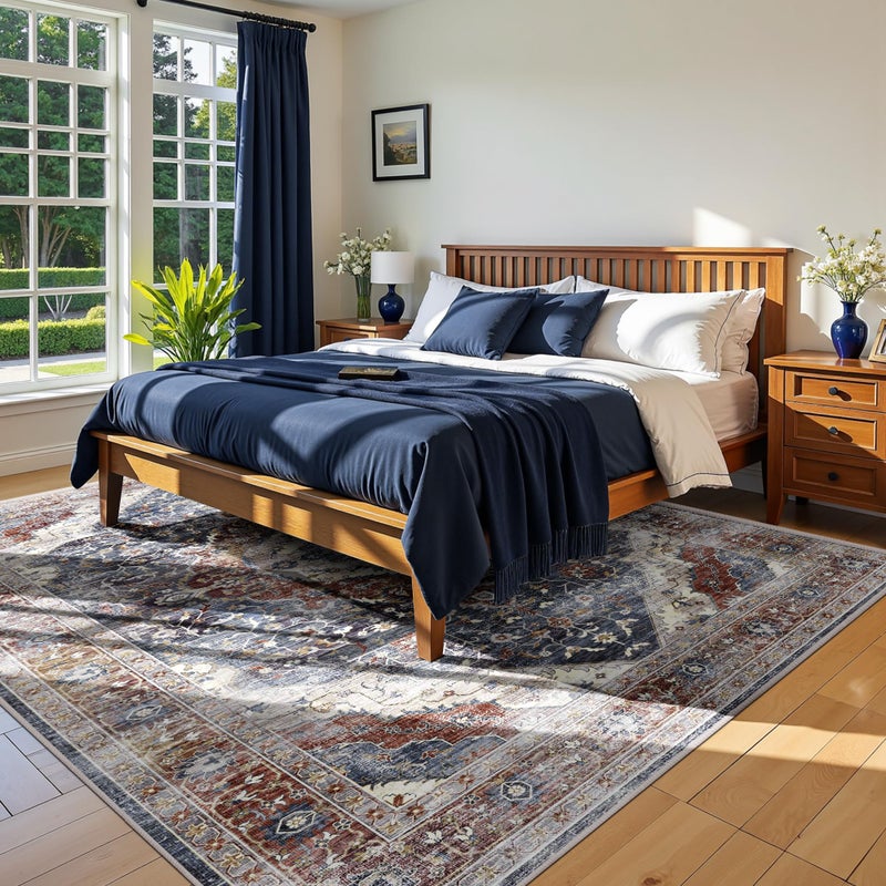 Deerly Boho Area Rug Large Rugs for Bedroom Machine Washable Rugs for Living Room Moroccan Non-Slip Oriental Area Rugs Carpet Floor Rug(Border Brown/Navy Blue 5x8ft) - Image 1