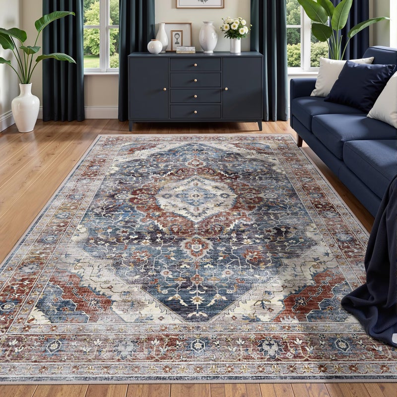 Deerly Boho Area Rug Large Rugs for Bedroom Machine Washable Rugs for Living Room Moroccan Non-Slip Oriental Area Rugs Carpet Floor Rug(Border Brown/Navy Blue 5x8ft) - Image 2