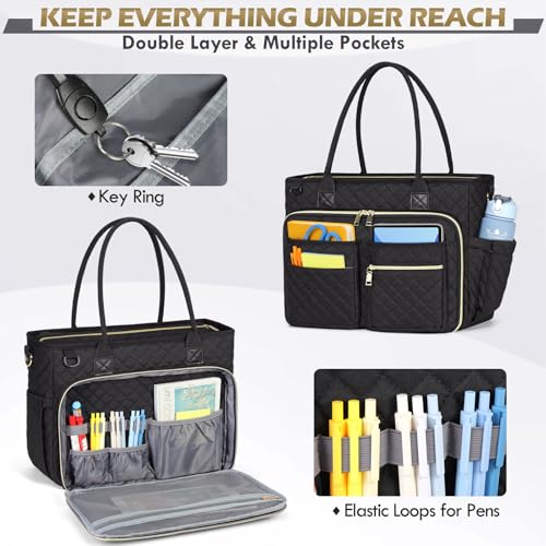 RAINSMORE Teacher Tote Bag 15.6 inch Laptop Bag for Women Work Bags Laptop Tote Nurse Bag Professional Computer Messenger with Insulated Pocket, Laptop Briefcase for Office, College, Nursing, Black - Image 4