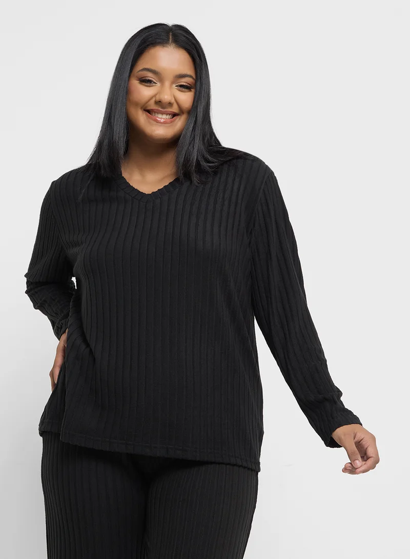 جينجر بلس Ribbed Knitted Top & Pant Lounge Set