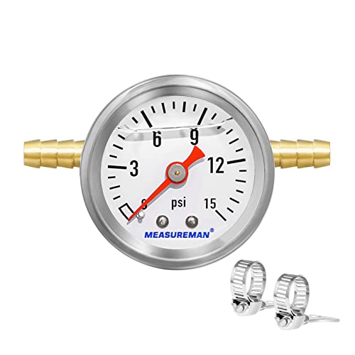 MEASUREMAN Fuel Pressure Gauge Kit 015Psi Stainless Steel Glycerin Filled 112 Dial Size with 516 Fuel Line Fuel Pressure Brass TFitting Adapter Center Back Mount