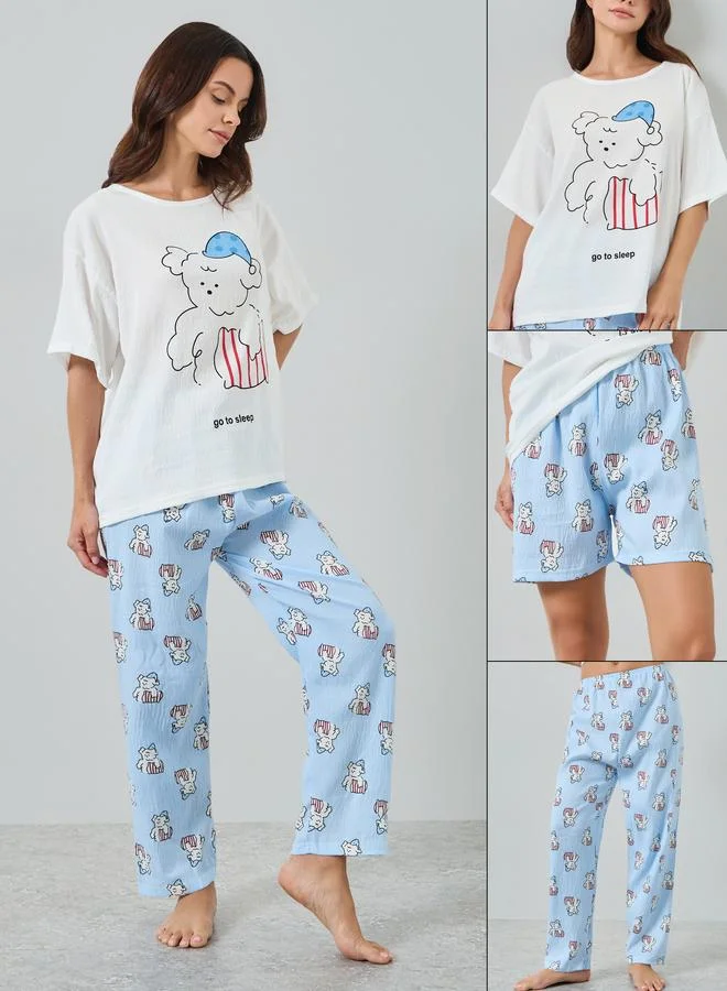 ستايلي عبوة من 3 قطع طقم بيجاما من بنطال وشورت وتيشيرت بطبعة كلاب