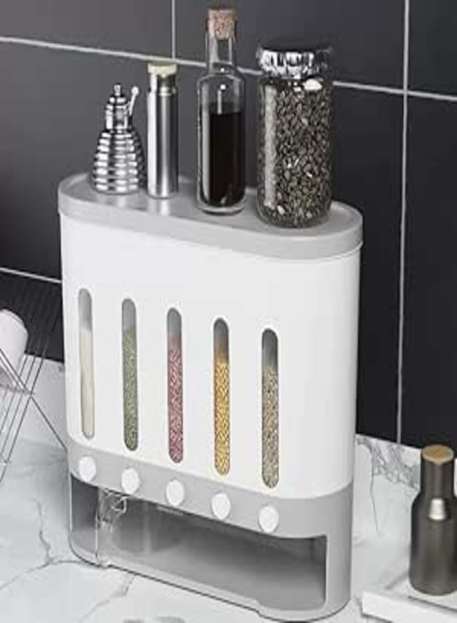 Wall-Mounted Dry Food Dispenser, 5 Compartments, Kitchen Storage Container with Measuring Cups (grey)