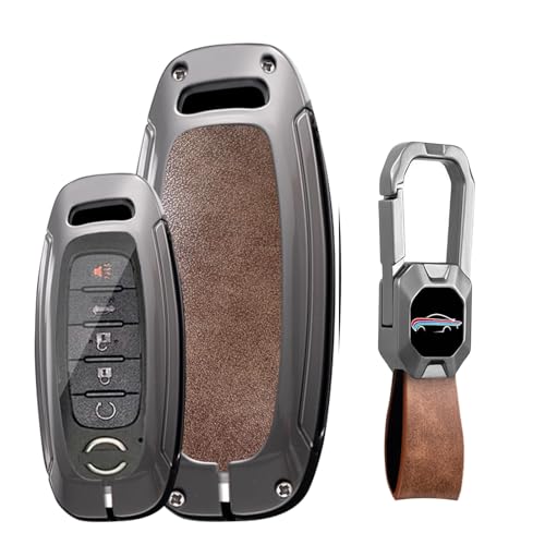 KUNIO 3/4/5 Button Leather Metal Car Key Fob Cover Case Fit for Nissan Rogue Pathfinder 2025 Altima Teana Kicks 2023 Sentra 2024 Key Protective Cover Key Holder Accessories Brown-Short Keychain - Image 1
