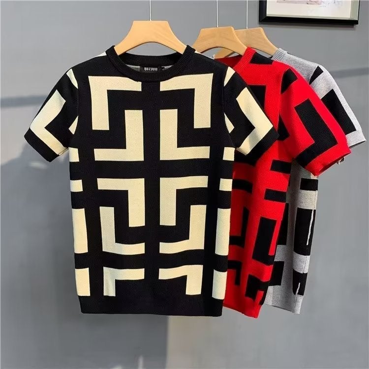 Men's Large Size Jacquard Crew Neck Pullover – Short Sleeve Stripe Knitwear - Image 2