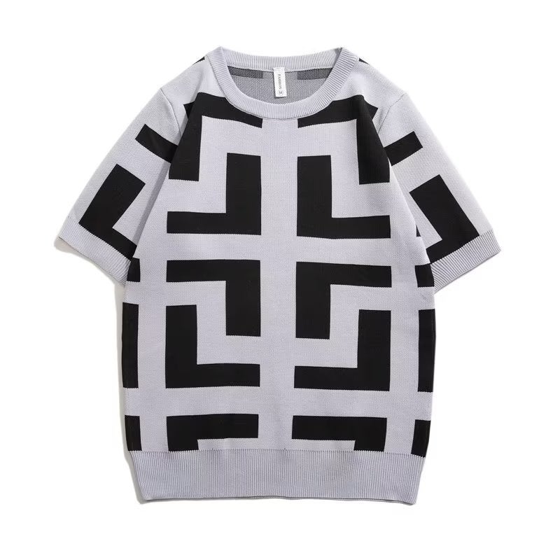 Men's Large Size Jacquard Crew Neck Pullover – Short Sleeve Stripe Knitwear - Image 3