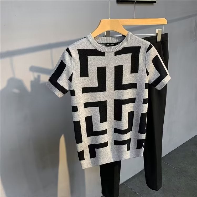 Men's Large Size Jacquard Crew Neck Pullover – Short Sleeve Stripe Knitwear - Image 1