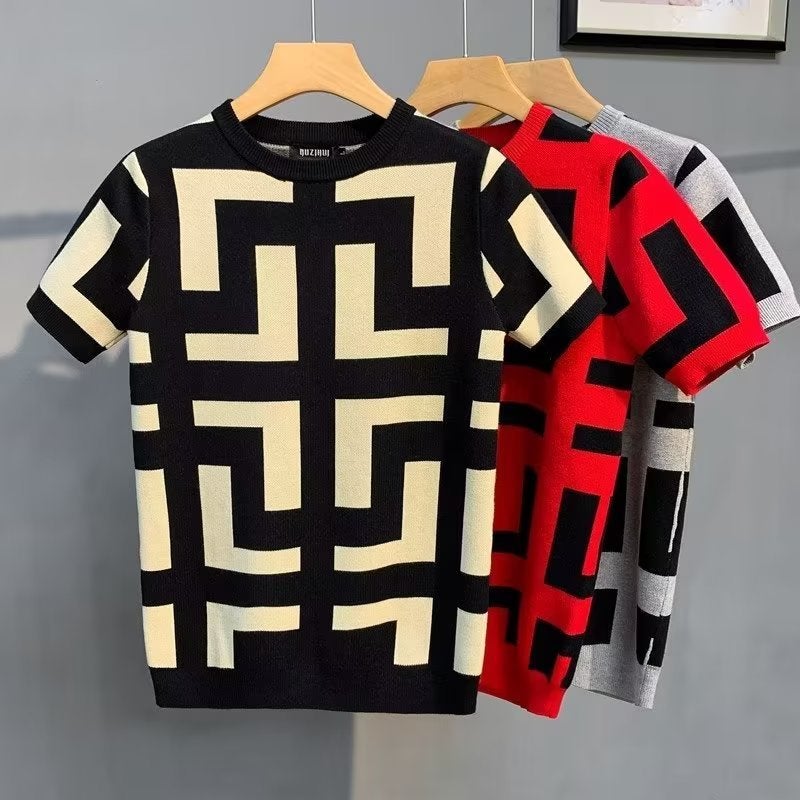 Men's Large Size Jacquard Crew Neck Pullover – Short Sleeve Stripe Knitwear - Image 5