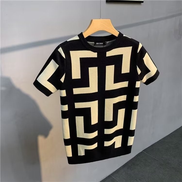Men's Large Size Jacquard Crew Neck Pullover – Short Sleeve Stripe Knitwear - Image 4