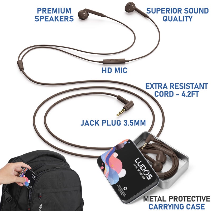 LUDOS FEROX Wired Earbuds in-Ear Headphones, 5 Year Warranty, Earphones with Microphone, Noise Isolation Corded for 3.5mm Jack Ear Buds for iPhone, Samsung, Laptop, Kids, School Students - Brown - Image 2