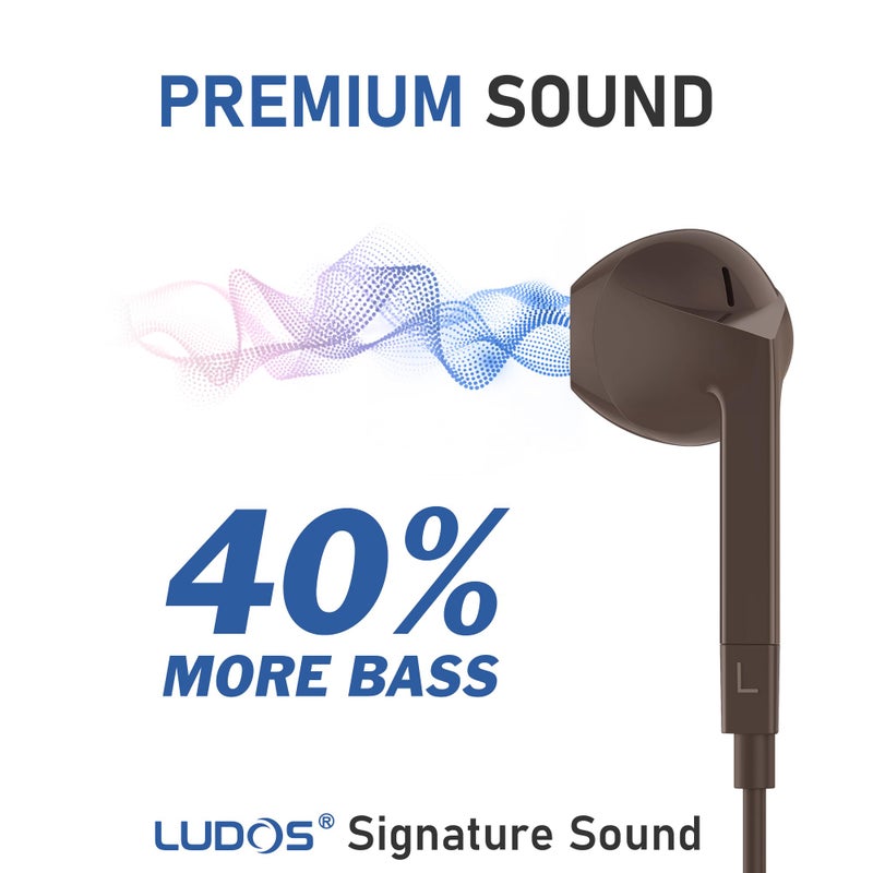 LUDOS FEROX Wired Earbuds in-Ear Headphones, 5 Year Warranty, Earphones with Microphone, Noise Isolation Corded for 3.5mm Jack Ear Buds for iPhone, Samsung, Laptop, Kids, School Students - Brown - Image 3
