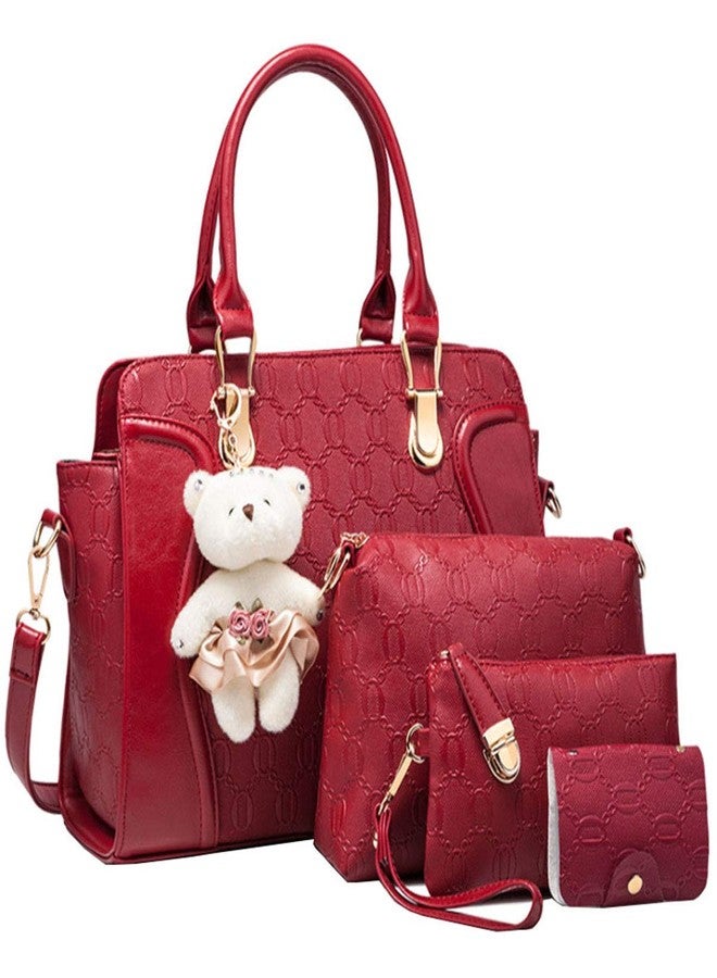 Women 4 Pcs Handbags Set, Tote Bag Top Handle Shoulder Crossbody Bag Wallet Card Holders Pack (Burgundy)
