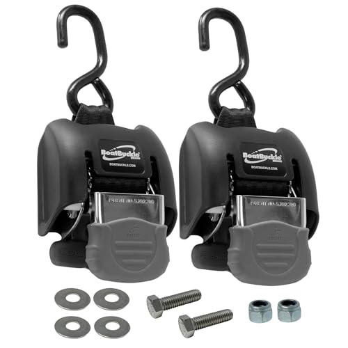 BoatBuckle G2 Stainless Steel Retractable Tie-Down Transom Straps - for Brackish or Saltwater Environments - Ratchet Tie Down Straps for Boats - 1500lbs Break Strength, 2 x 43-Inch, 2-Pack - Image 1