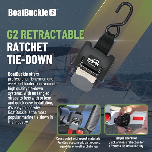 BoatBuckle G2 Stainless Steel Retractable Tie-Down Transom Straps - for Brackish or Saltwater Environments - Ratchet Tie Down Straps for Boats - 1500lbs Break Strength, 2 x 43-Inch, 2-Pack - Image 3