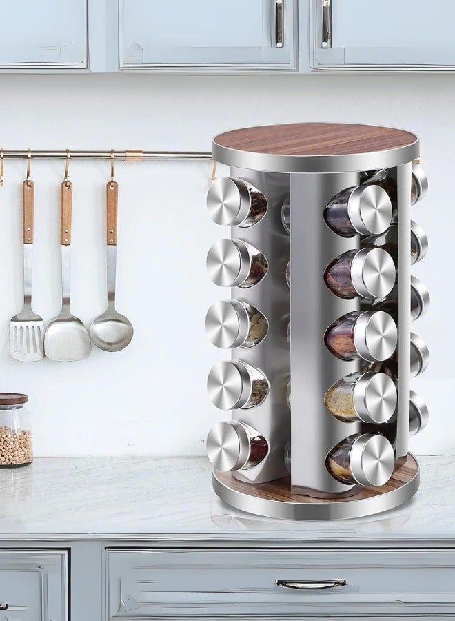 شي ون رف توابل دوار منظم للتوابل والبهارات مع 20 علبة زجاجية فضي - Image 1