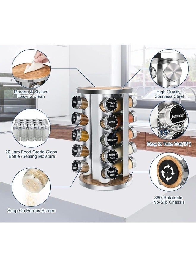 شي ون رف توابل دوار منظم للتوابل والبهارات مع 20 علبة زجاجية فضي - Image 5