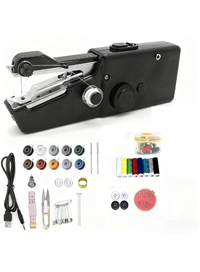 يلا جوي مجموعة ماكينة خياطة يدوية محمولة، دباسة خياطة يدوية صغيرة تعمل بالكهرباء عبر USB، ماكينة خياطة صغيرة سهلة الاستخدام للمبتدئين، أداة خياطة وتطريز صغيرة للسفر، أساسيات لاسلكية للإصلاح السريع في المنزل والحرف اليدوية (أسود) - Image 1