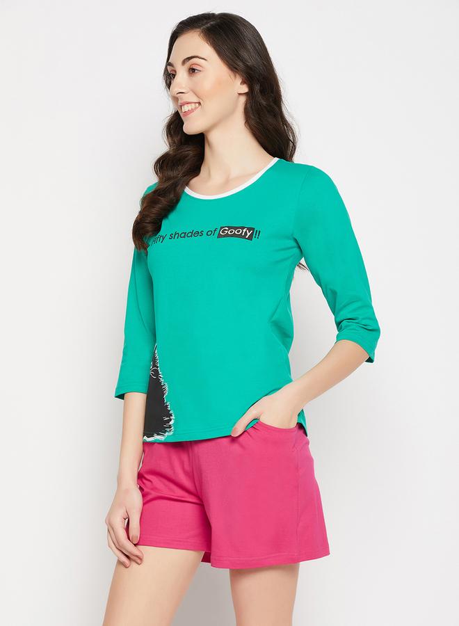 Clovia Women's Seafoam Green & Hot Pink Printed Short Pajama Set - Image 3