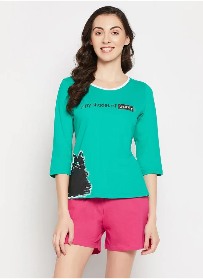 كلوفيا Clovia Women's Seafoam Green & Hot Pink Printed Short Pajama Set