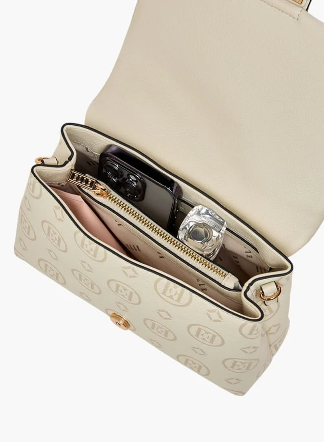 ELLE Women Monogram Embossed Satchel Bag with Top Handle and Detachable Strap