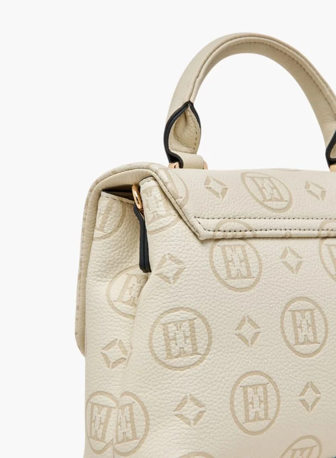 ELLE Women Monogram Embossed Satchel Bag with Top Handle and Detachable Strap