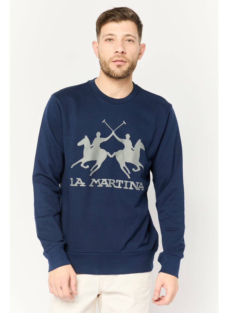 La Martina Men Crew Neck Long Sleeve Brand Logo Sweatshirt, Navy  - Image 1