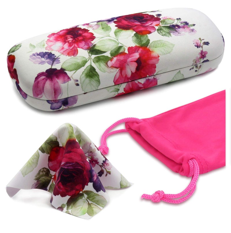 MyEyeglassCase Rachel Rowberry Floral Hard eyeglass case | Glasses Case Hard Shell with Microfiber Drawstring Pouch and Cleaning Cloth | Protective Small sunglasses case for women (AS126 Cranberry Rose) - Image 1