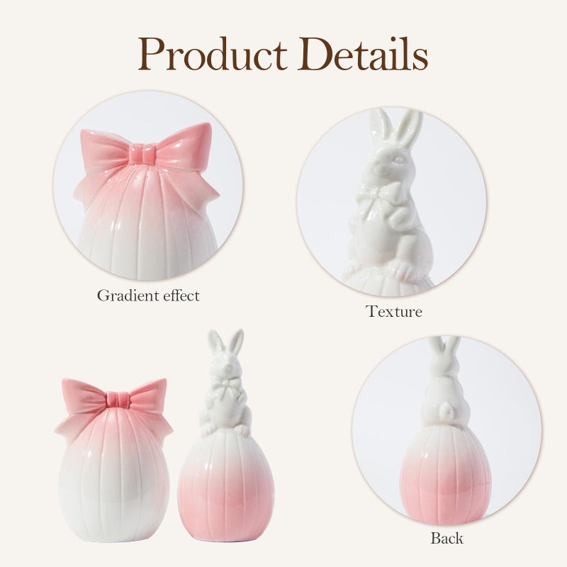 DN DECONATION Easter Decorations Bunny and Egg Figurines Set, Pink to White Gradient Easter Spring Home Decor, Ceramic Rabbit Egg Sculpture for Farmhouse Tabletop Centerpiece Wedding Gifts 2PCS - Image 5