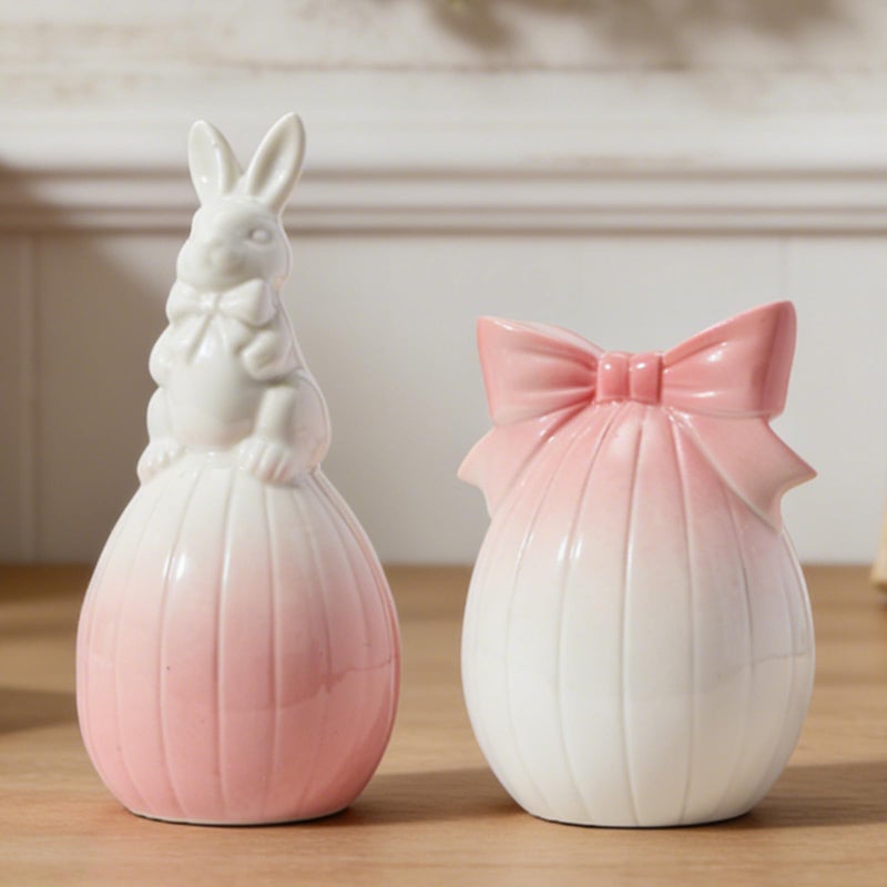 DN DECONATION Easter Decorations Bunny and Egg Figurines Set, Pink to White Gradient Easter Spring Home Decor, Ceramic Rabbit Egg Sculpture for Farmhouse Tabletop Centerpiece Wedding Gifts 2PCS - Image 1