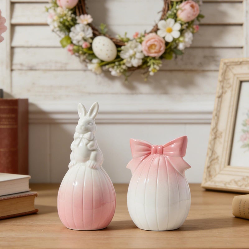 DN DECONATION Easter Decorations Bunny and Egg Figurines Set, Pink to White Gradient Easter Spring Home Decor, Ceramic Rabbit Egg Sculpture for Farmhouse Tabletop Centerpiece Wedding Gifts 2PCS - Image 4