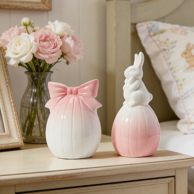 DN DECONATION Easter Decorations Bunny and Egg Figurines Set, Pink to White Gradient Easter Spring Home Decor, Ceramic Rabbit Egg Sculpture for Farmhouse Tabletop Centerpiece Wedding Gifts 2PCS - Image 2