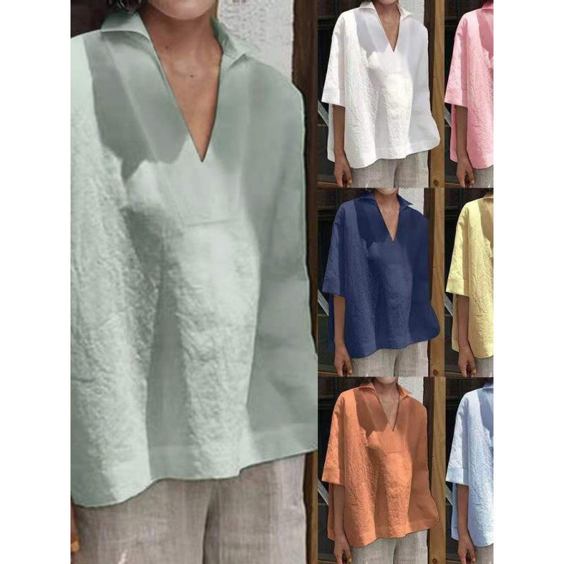 2025 Spring Summer Women's V-Neck Cotton Linen Loose Plus Size Elbow-Length Sleeve Blouse - Image 1