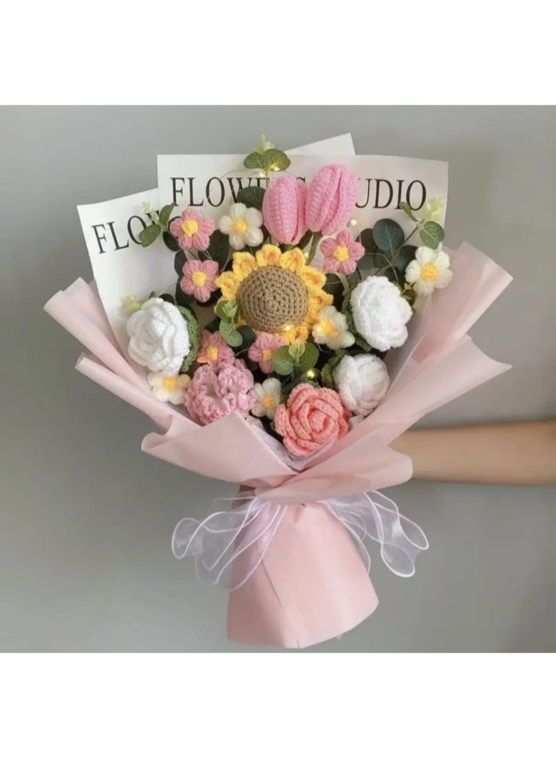 Generic New Creative Gift Handmade Knitting Large Bouquet Flowers Cotton Crochet Flowers with LED Lights in Clear Bag, Suitable for valantine's Day ,Wedding , Birthday, Mother's Day, Women's Day, Rose Color All Events - Image 1