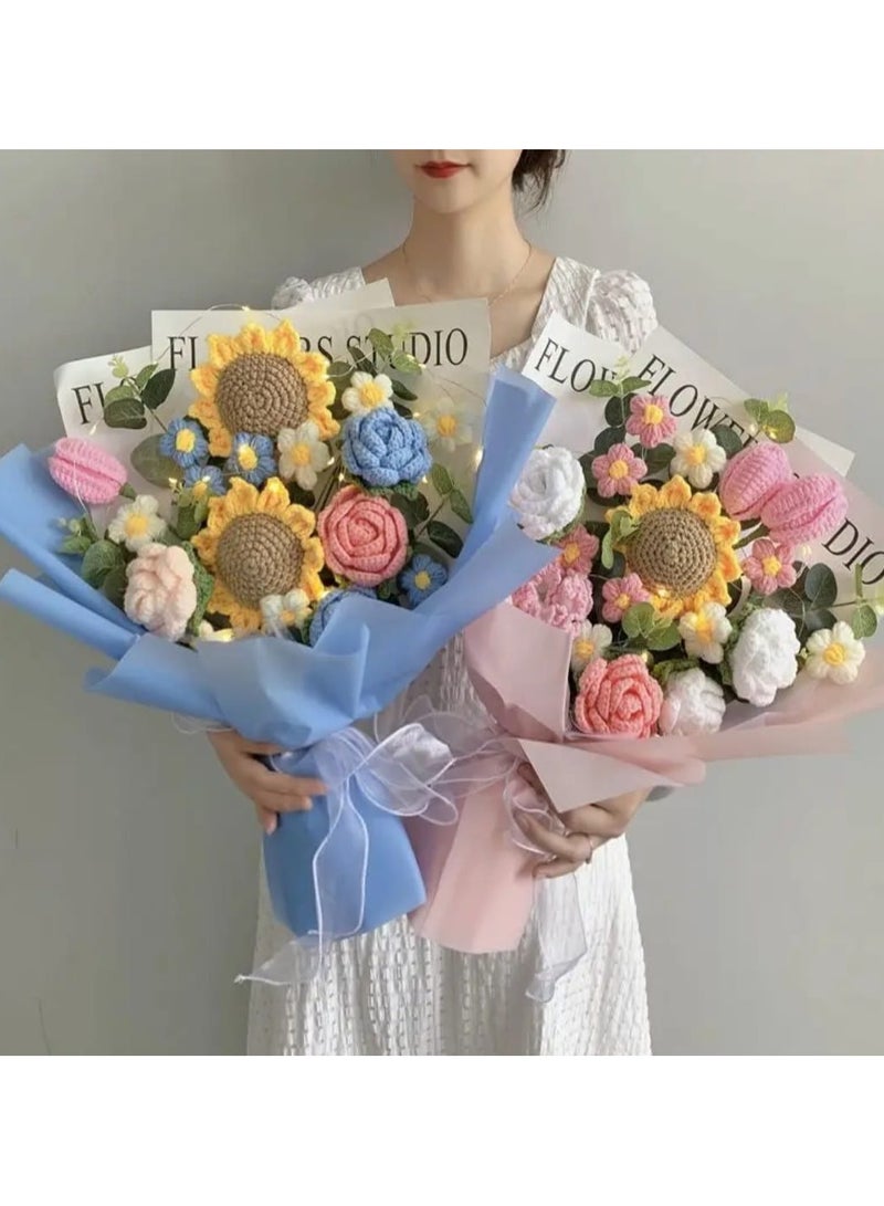Generic New Creative Gift Handmade Knitting Large Bouquet Flowers Cotton Crochet Flowers with LED Lights in Clear Bag, Suitable for valantine's Day ,Wedding , Birthday, Mother's Day, Women's Day, Rose Color All Events - Image 3