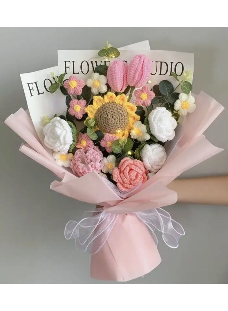 i diD New Creative Gift Handmade Knitting Large Bouquet Flowers Cotton Crochet Flowers with LED Lights in Clear Bag, Suitable for valantine's Day ,Wedding , Birthday, Mother's Day, Women's Day, Rose Color All Events  - Image 1