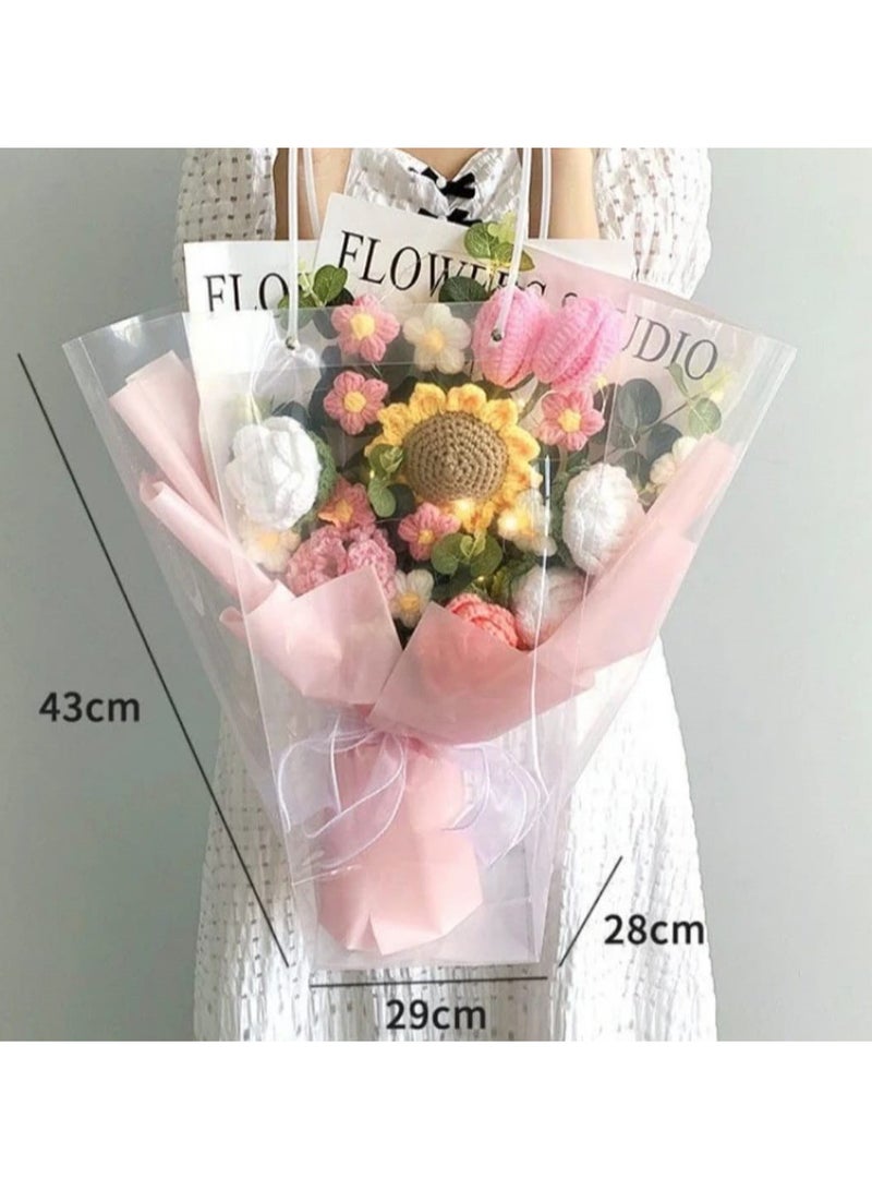 i diD New Creative Gift Handmade Knitting Large Bouquet Flowers Cotton Crochet Flowers with LED Lights in Clear Bag, Suitable for valantine's Day ,Wedding , Birthday, Mother's Day, Women's Day, Rose Color All Events  - Image 2