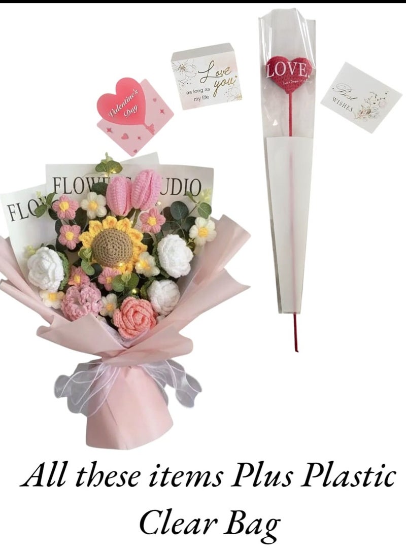 i diD New Creative Gift Handmade Knitting Large Bouquet Flowers Cotton Crochet Flowers with LED Lights in Clear Bag, Suitable for valantine's Day ,Wedding , Birthday, Mother's Day, Women's Day, Rose Color All Events  - Image 3
