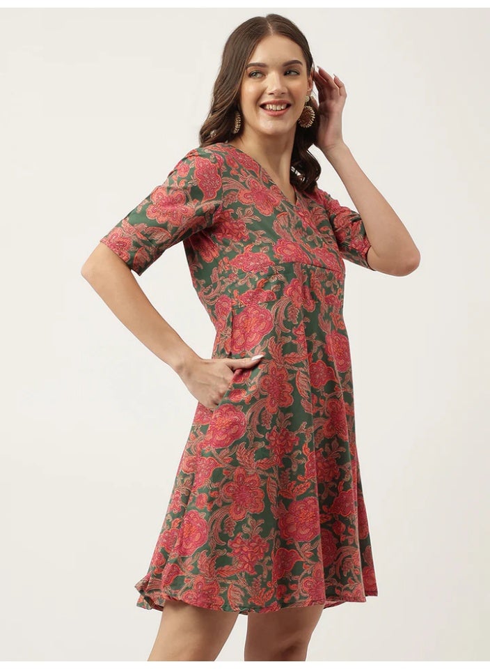 Women's Floral Cotton Flared Knee-Length Dress with Overlap Yoke - Image 4