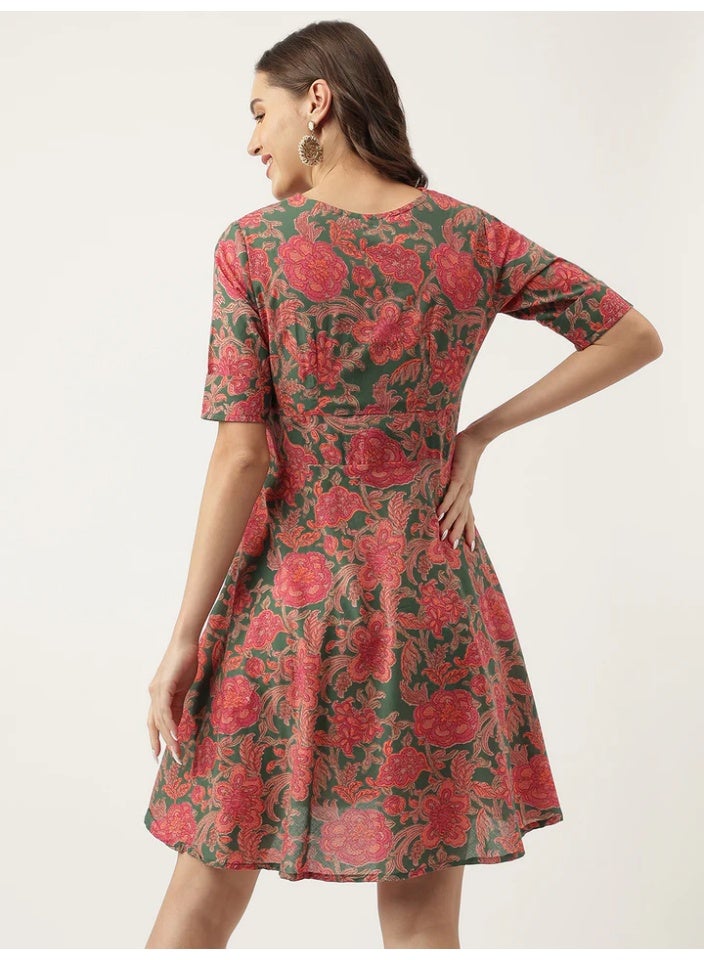 Women's Floral Cotton Flared Knee-Length Dress with Overlap Yoke - Image 2