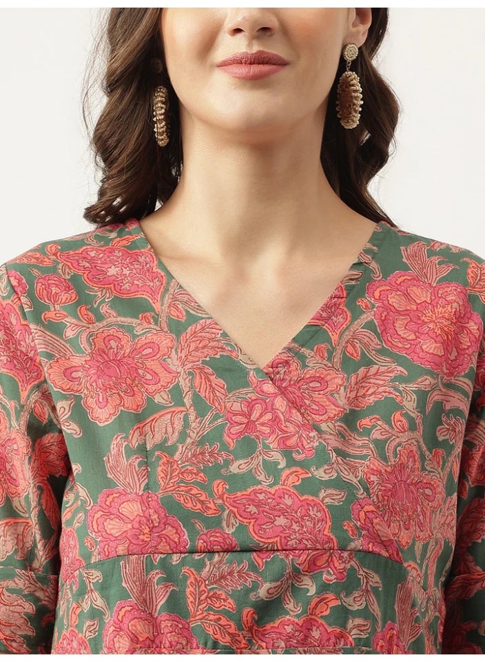 Women's Floral Cotton Flared Knee-Length Dress with Overlap Yoke - Image 3