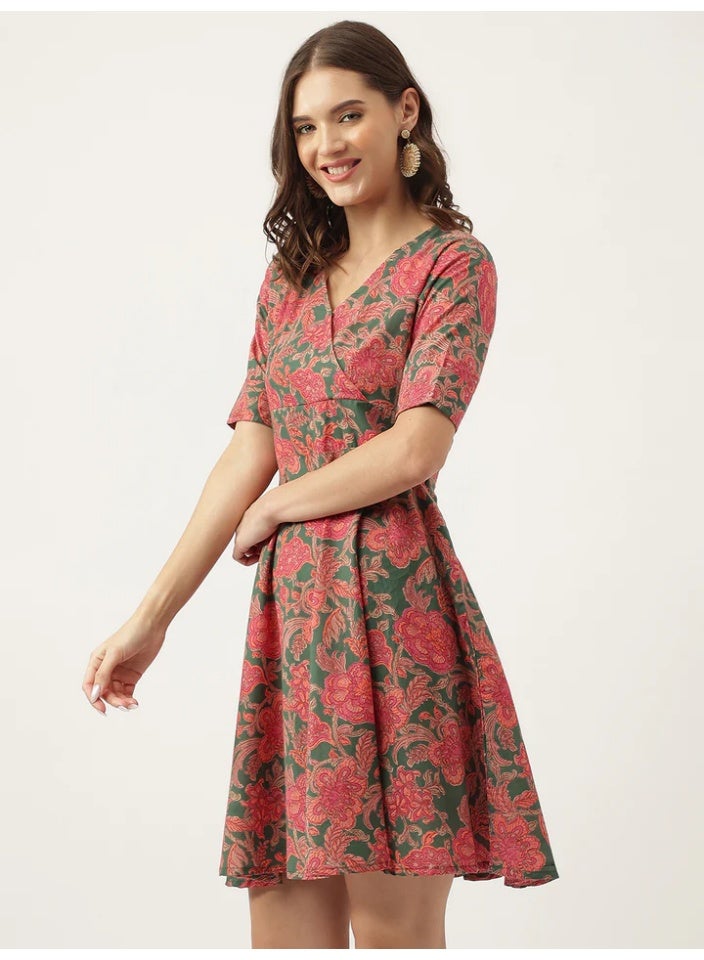 Women's Floral Cotton Flared Knee-Length Dress with Overlap Yoke - Image 1