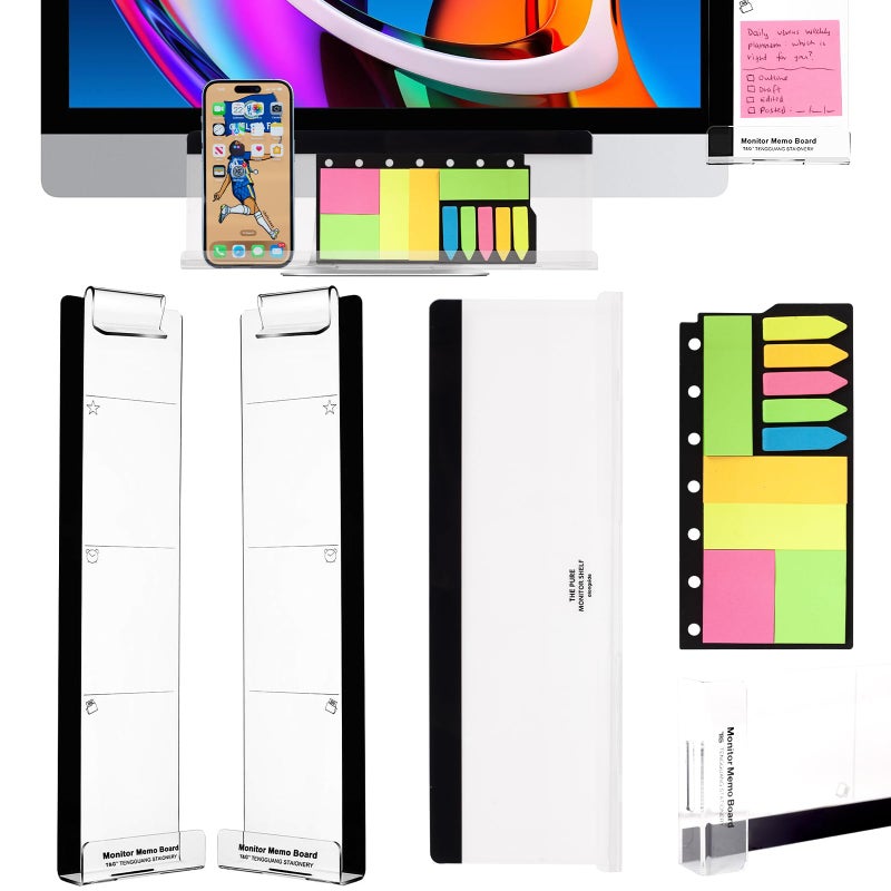 Barelove 3 Pack Computer Monitor Memo Board Left Right Bottom Transparent Multifunction Acrylic Screen Message Board Office Home Desktop Students Accessories with Sticky Notes