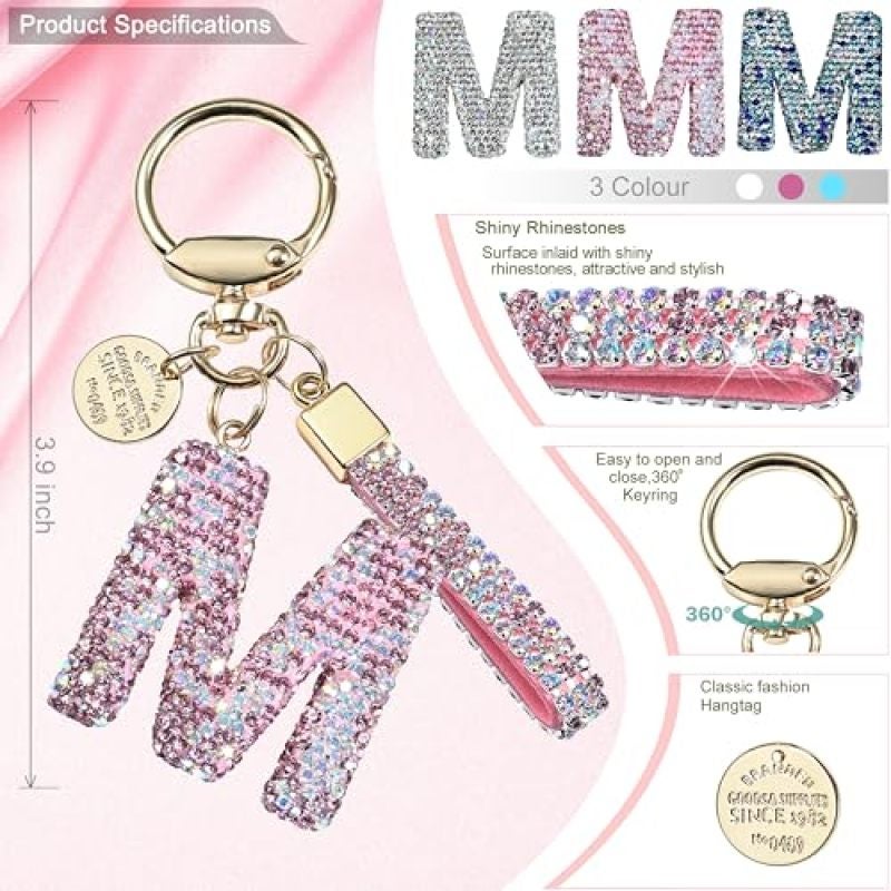 Shiny Diamond Initial Letter Keychain - Sparkly Simulated Diamond Personalized Charm Key Ring for Women and Girls - Image 2