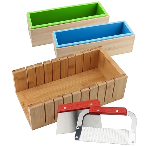 ZOENHOU 7PCS 42oz Soap Molds with Stainless Steel Wavy Slicer and Straight Slicer, Soap Loaf Bar Rectangular Silicone Soap Making Molds Kit with Wood Box DIY Tool Set for Soap Making Supplies - Image 1