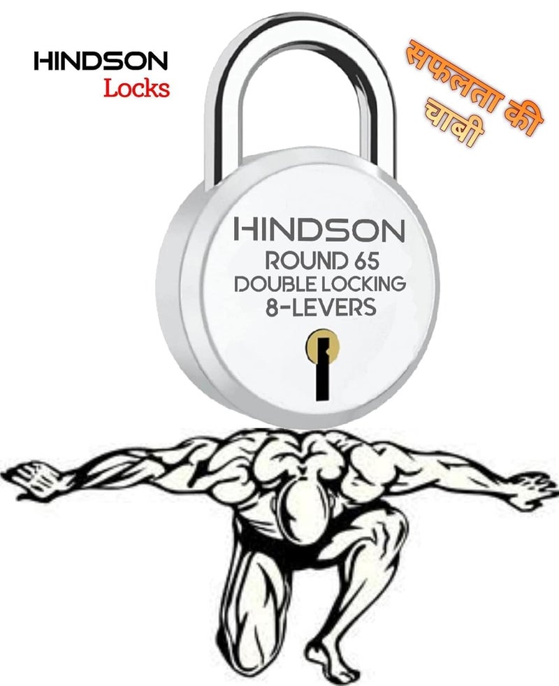 HINDSON Locks with Same Key - 2-Pack Common Key Lock, Steel Double Locking, 8 Lever Padlock for Door, Gate, Shutter, Home, Silver Finish, Round 65mm - Image 3