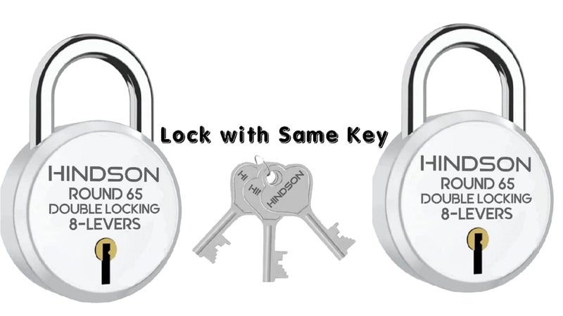 HINDSON Locks with Same Key - 2-Pack Common Key Lock, Steel Double Locking, 8 Lever Padlock for Door, Gate, Shutter, Home, Silver Finish, Round 65mm - Image 2